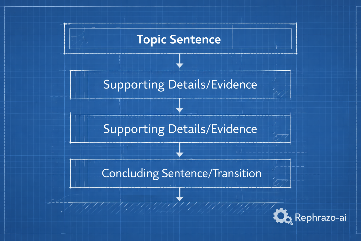 A clean, modern diagram resembling an architectural blueprint for a paragraph showing Topic Sentence, Supporting Details/Evidence, and Concluding Sentence/Transition with logical flow arrows